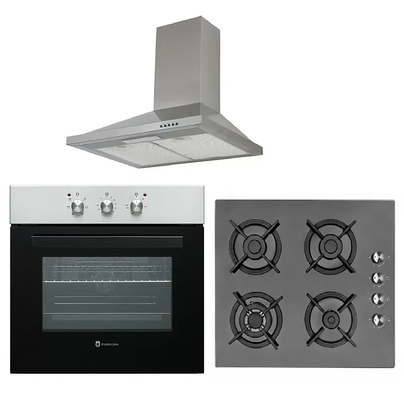 Pachet Cuptor Incorporabil Electric, Studio Casa Roma Clasic, Inox, 65L,+Plita Clasica Gaz, Incorporabila, 4 arzatoare gaz, Studio Casa CRY 4F Venezia+ Hota decorativa Studio Casa New Milano Inox, 60 cm - Studiocasa.ro