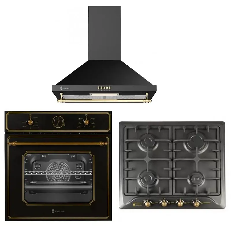 Pachet Toscana Cuptor Electric Fe660Blk+Plita Toscana Pg660Blk+Hota decorativa Studio Casa Onda Retro Black - Studiocasa.ro