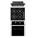 Pachet incorporabil cuptor electric, plita gaz si hota telescopica Elettra Black Studio Casa, Termostat, Programator digital pentru inceputul si sfarsitul coacerii, 56 l, 4 arzatoare gaz, 1 motor turbo, Negru/Inox - Studiocasa.ro