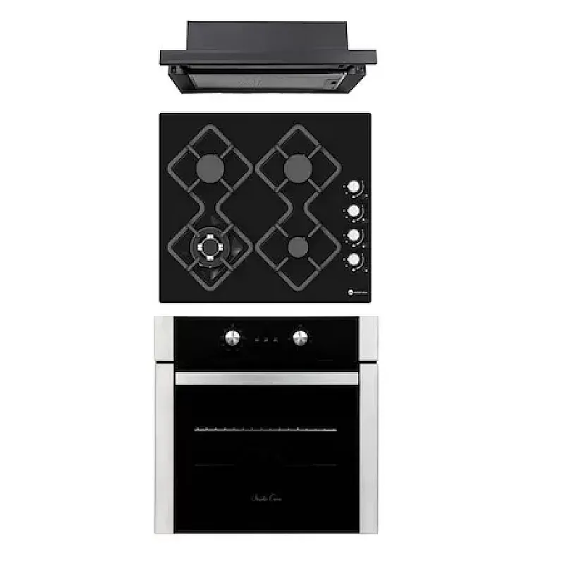 Pachet incorporabil cuptor electric, plita gaz si hota telescopica Elettra Black Studio Casa, Termostat, Programator digital pentru inceputul si sfarsitul coacerii, 56 l, 4 arzatoare gaz, 1 motor turbo, Negru/Inox - Studiocasa.ro