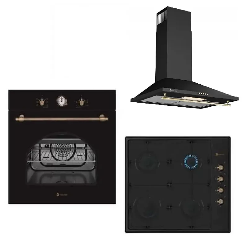 Pachet rustic incorporabil Dolce Vita Nero  cuptor electric  si plita gaz, Studio Casa Dolce Vita PDV60 Nero, Clasa energetica A, 6 functii,  Grill, Ventilator, Gratare fonta, Negru+Hota decorativa Studio Casa Onda Retro Black - Studiocasa.ro