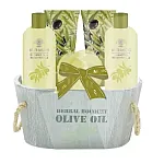 Set pentru ingrijire corp Aurora Olive Garden, Gel de dus 300 ml, Sampon 300 ml, Lotiune de corp180 ml, Exfoliant 180 ml, Burete, Olive - Studiocasa.ro