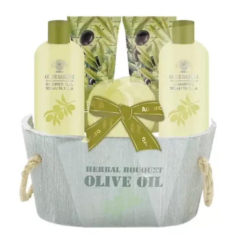 Set pentru ingrijire corp Aurora Olive Garden, Gel de dus 300 ml, Sampon 300 ml, Lotiune de corp180 ml, Exfoliant 180 ml, Burete, Olive - Studiocasa.ro