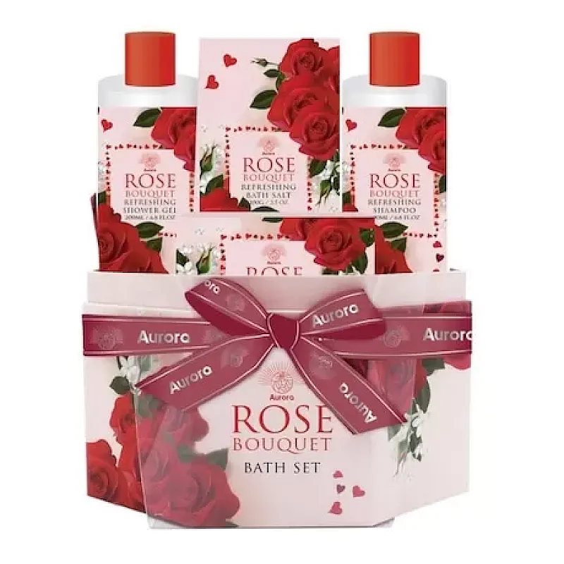 Set pentru ingrijire corp Aurora Rose Bouquet, Gel de dus 200 ml, Sampon 200 ml, Sare de baie 100 g, Sapun 100 g, Trandafir - Studiocasa.ro
