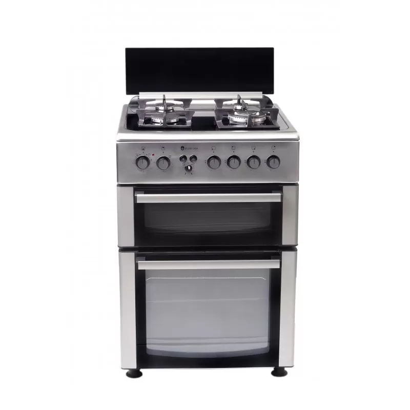 Pachet Aragaz mixt 4 arzatoare gaz, 2 cuptoare: Cuptor electric + Cuptor gaz, 60x60cm, Studio Casa Duetto FM60/60 cm., Ventilator, Aprindere electrica +Hota decorativa Studio Casa New Milano Inox - Studiocasa.ro