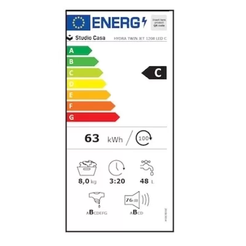 Masina de spalat rufe HYDRA TWIN JET 1208 LED Black, Studio Casa, 8 Kg, 1200 rotatii / minut, 15 programe, Tehnologie ”Twin Jet System, Negru - Studiocasa.ro