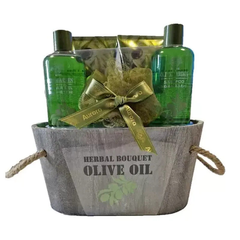 Set pentru ingrijire corp Aurora Olive Garden, Gel de dus 300 ml, Sampon 300 ml, Lotiune de corp180 ml, Exfoliant 180 ml, Burete, Olive - Studiocasa.ro