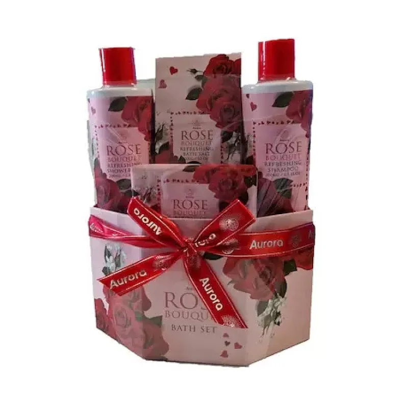 Set pentru ingrijire corp Aurora Rose Bouquet, Gel de dus 200 ml, Sampon 200 ml, Sare de baie 100 g, Sapun 100 g, Trandafir - Studiocasa.ro