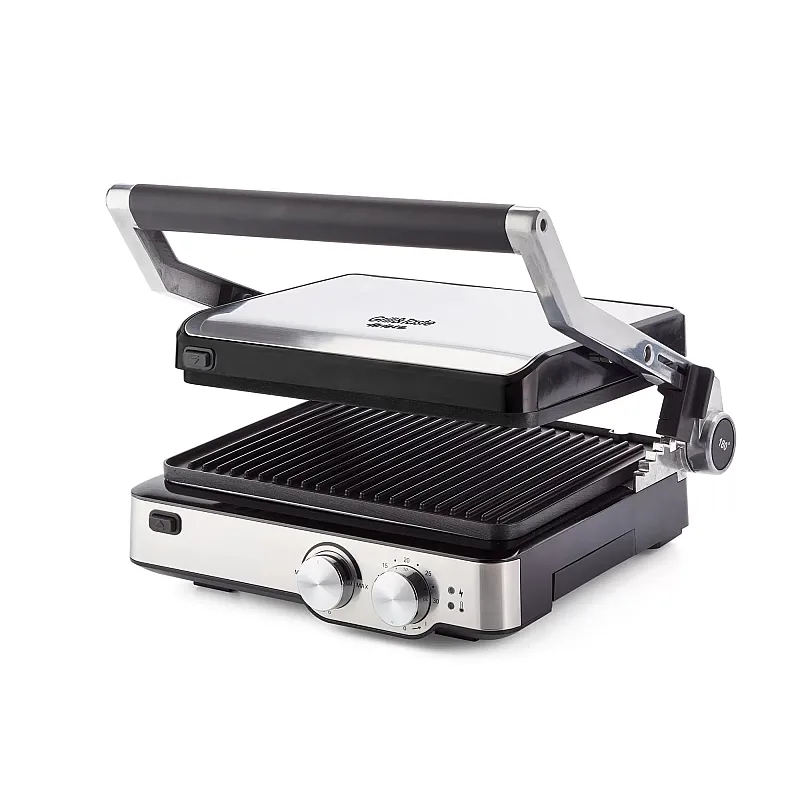 Gratar electric 1918 Metal, 2 Suprafete De Gatire, Termostat, Placi Antiaderente, Deschidere La 180°, Inox, Timer, Ariete - Studiocasa.ro