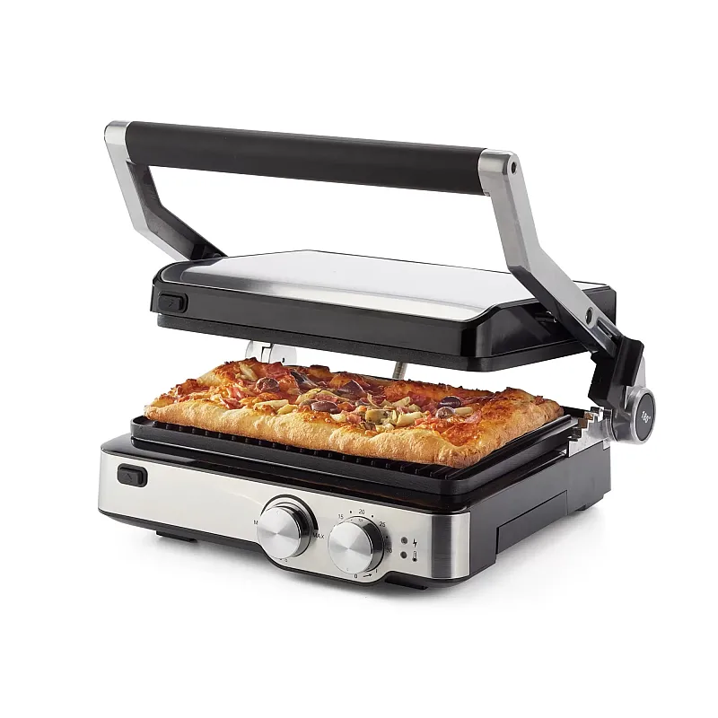 Gratar electric 1918 Metal, 2 Suprafete De Gatire, Termostat, Placi Antiaderente, Deschidere La 180°, Inox, Timer, Ariete - Studiocasa.ro