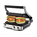 Gratar electric 1918 Metal, 2 Suprafete De Gatire, Termostat, Placi Antiaderente, Deschidere La 180°, Inox, Timer, Ariete - Studiocasa.ro