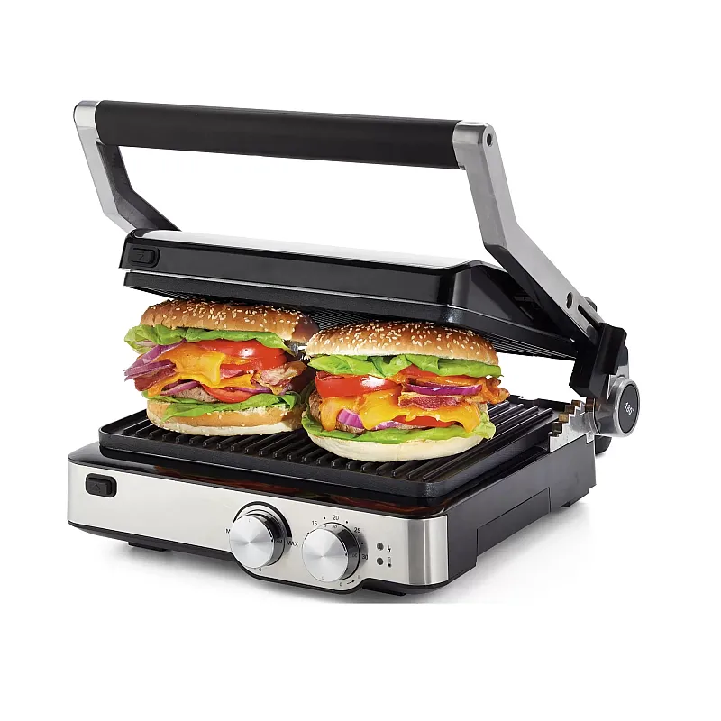 Gratar electric 1918 Metal, 2 Suprafete De Gatire, Termostat, Placi Antiaderente, Deschidere La 180°, Inox, Timer, Ariete - Studiocasa.ro