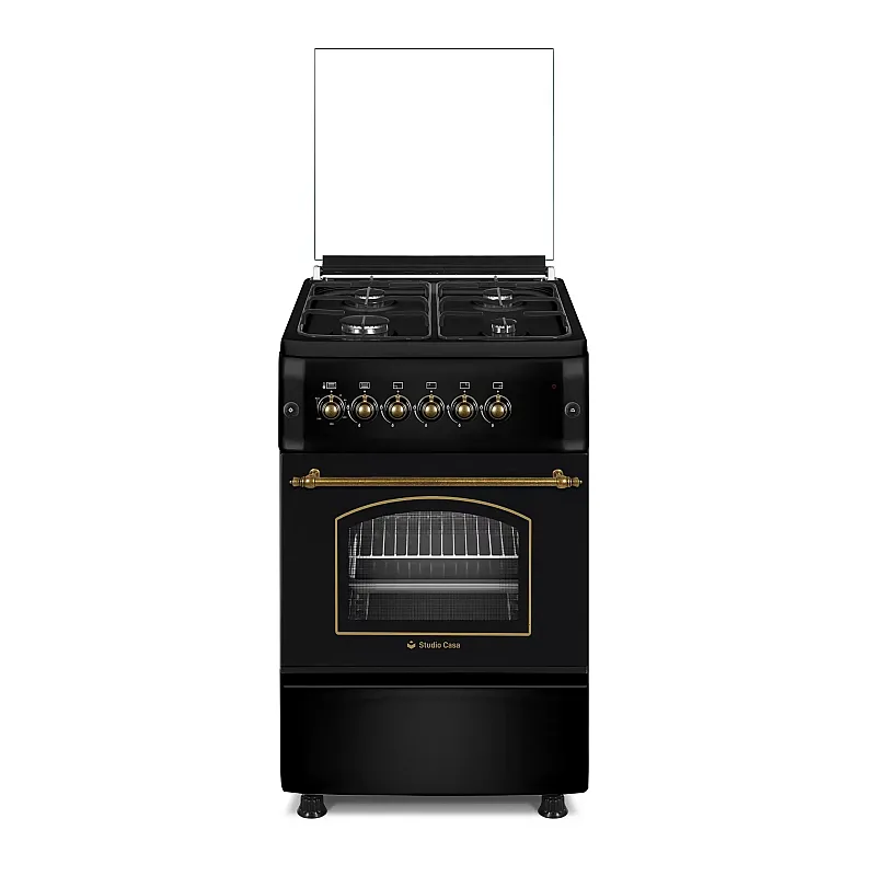 Pachet rustic aragaz si hota telescopica Studio Casa Retro Verona Retro Black , 50/ 55 cm., 4 arzatoare gaz, Cuptor gaz, Aprindere electrica, Gril electric, Negru - Studiocasa.ro