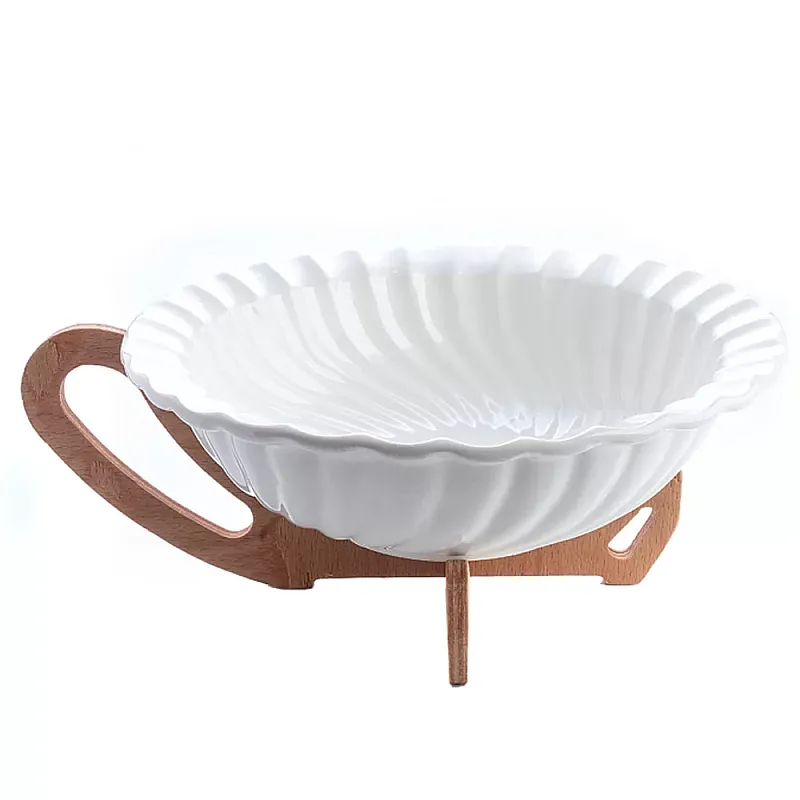 Bol de Salata pe Suport de Lemn cu Maner, 26 cm, ceramica termorezistenta pentru cuptor, Alb - Studiocasa.ro
