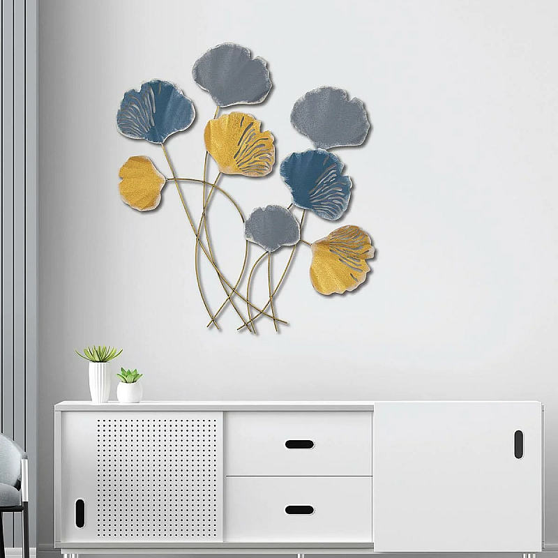 Panou metalic decorativ perete 3D, Deco Art Studio Casa, 76 x 70 cm, Flori pline de culoare, Galben / Bleu - Studiocasa.ro