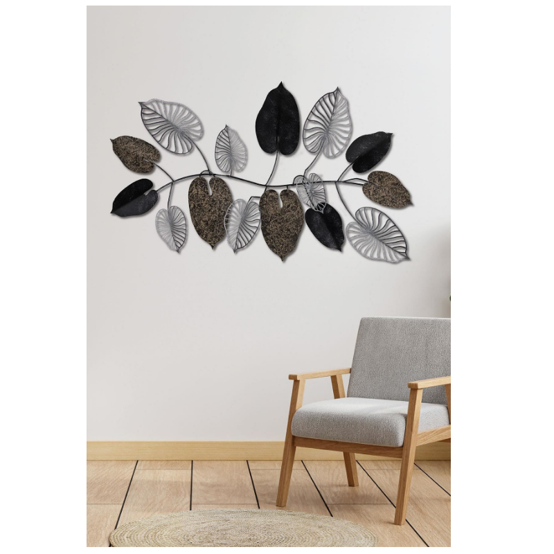 Panou metalic decorativ perete 3D, Deco Art Studio Casa, 120 x 61 cm, Frunze , Argintiu / Negru - Studiocasa.ro