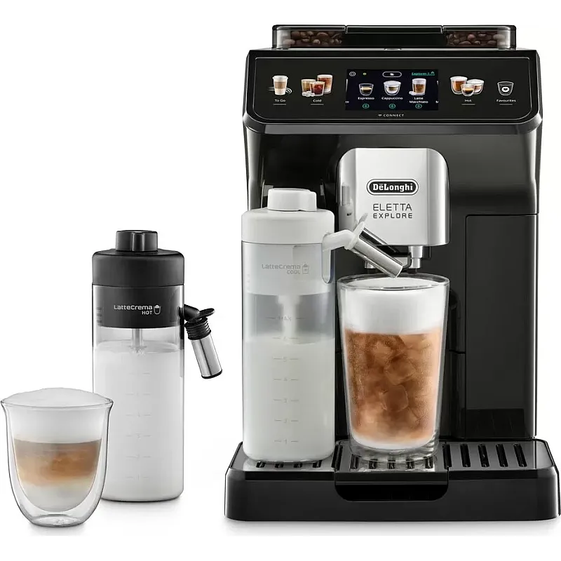 Espressor automat De’Longhi Eletta Explore ECAM 450.65.G, 50+ tipuri de bauturi, 19 bari, 2 Carafe cu tehnologie LatteCrema (Hot & Cool), Tehnologie de extractie la rece, Rasnita cu tehnologie Bean Adapt, Coffee Link App, 1450W, Gri inchis - Studiocas