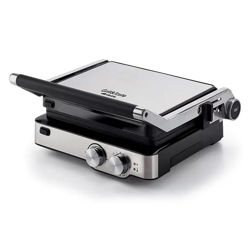 Gratar electric 1918 Metal, 2 Suprafete De Gatire, Termostat, Placi Antiaderente, Deschidere La 180°, Inox, Timer, Ariete - Studiocasa.ro