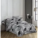 Lenjerie pat dublu Ginkgo Studio Casa, Polycotton, Cearceaf pilota 180 x 200 cm, Cearceaf pat 200 x 220 cm, 2 fete de perna 50 x 70 cm, Gri / Negru - Studiocasa.ro