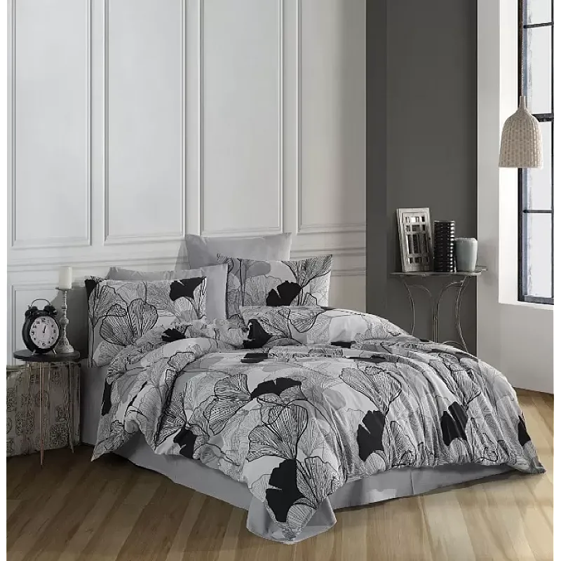 Lenjerie pat dublu Ginkgo Studio Casa, Polycotton, Cearceaf pilota 180 x 200 cm, Cearceaf pat 200 x 220 cm, 2 fete de perna 50 x 70 cm, Gri / Negru - Studiocasa.ro