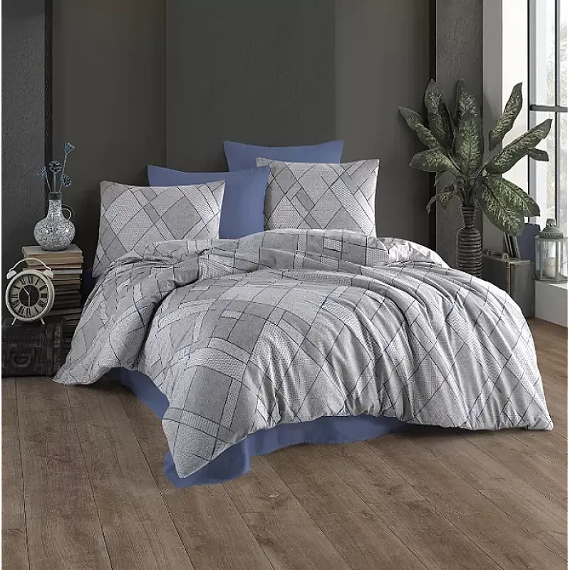 Lenjerie pat dublu Livio Studio Casa, 100% Bumbac ranforce, Cearceaf pilota 200 x 200 cm, Cearceaf pat 220 x 240 cm, 2 fete de perna 50 x 70 cm, Blue - Studiocasa.ro