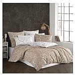 Lenjerie pat dublu Terra Beige Studio Casa, 100% Bumbac ranforce, Cearceaf pilota 200 x 200 cm, Cearceaf pat 220 x 240 cm, 2 fete de perna 50 x 70 cm, Beige / Alb - Studiocasa.ro