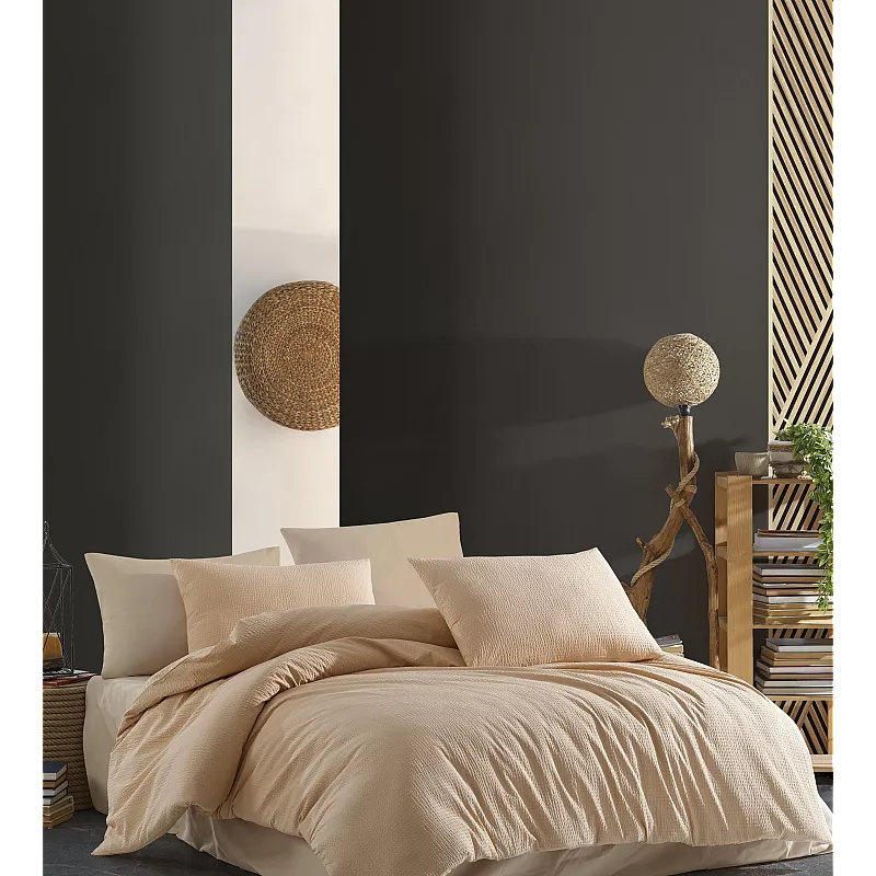 Lenjerie pat dublu Waffle Beige Studio Casa, 100% Bumbac Krep, Cearceaf pilota 200 x 220 cm, Cearceaf pat 240 x 260 cm, 2 fete de perna 50 x 70 cm, Beige - Studiocasa.ro