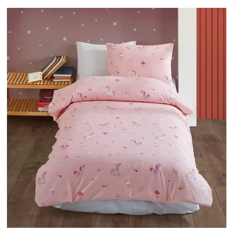 Lenjerie pat single Unicorn Studio Casa, 100% Bumbac ranforce, Cearceaf pilota 160 x 220 cm, Cearceaf pat 150 x 220 cm, 1 fata de perna 50 x 70 cm, Roz - Studiocasa.ro