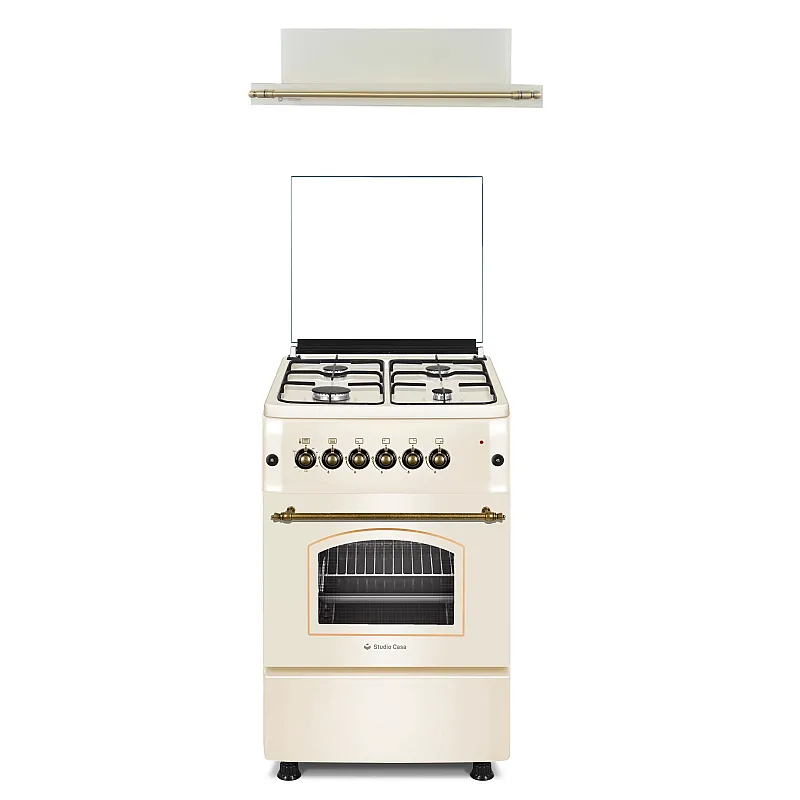 Pachet Aragaz rustic 4 arzatoare gaz, Cuptor gaz, 50x55cm, Studio Casa Verona Retro,  Aprindere electrica, Gril electric, Crem, Hota incorporabila telescopica, 60 cm, Studio Casa Lean Retro - Studiocasa.ro