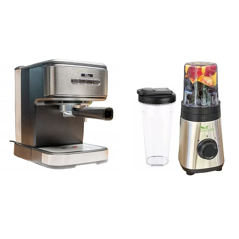 Pachet Blender DelCaffe Yoga Refresh, 2 recipiente cu capac 0.6l / 0.3l si Espressor cu pompa DelCaffe Espresso & Cappuccino ROBUSTA, 850 W, 20 bar, 1.5 l, Inox - Studiocasa.ro
