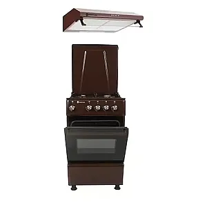 Pachet Clasic aragaz Galaxy 4G 50/50 cm si hota Alfa 60 cm, Studio Casa, 4 arzatoare gaz, cuptor gaz, 2 motoare, 3 viteze, Maro