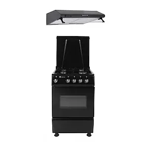 Pachet Clasic aragaz Galaxy 4G 50/50 cm si hota Alfa 60 cm, Studio Casa, 4 arzatoare gaz, cuptor gaz, 2 motoare, Negru