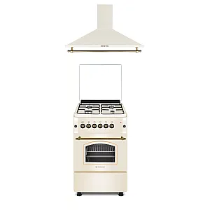 Pachet Studio Casa aragaz si hota Verona Retro, 50/55 cm., 4 arzatoare gaz, Cuptor gaz, Aprindere electrica, Gril electric, Crem