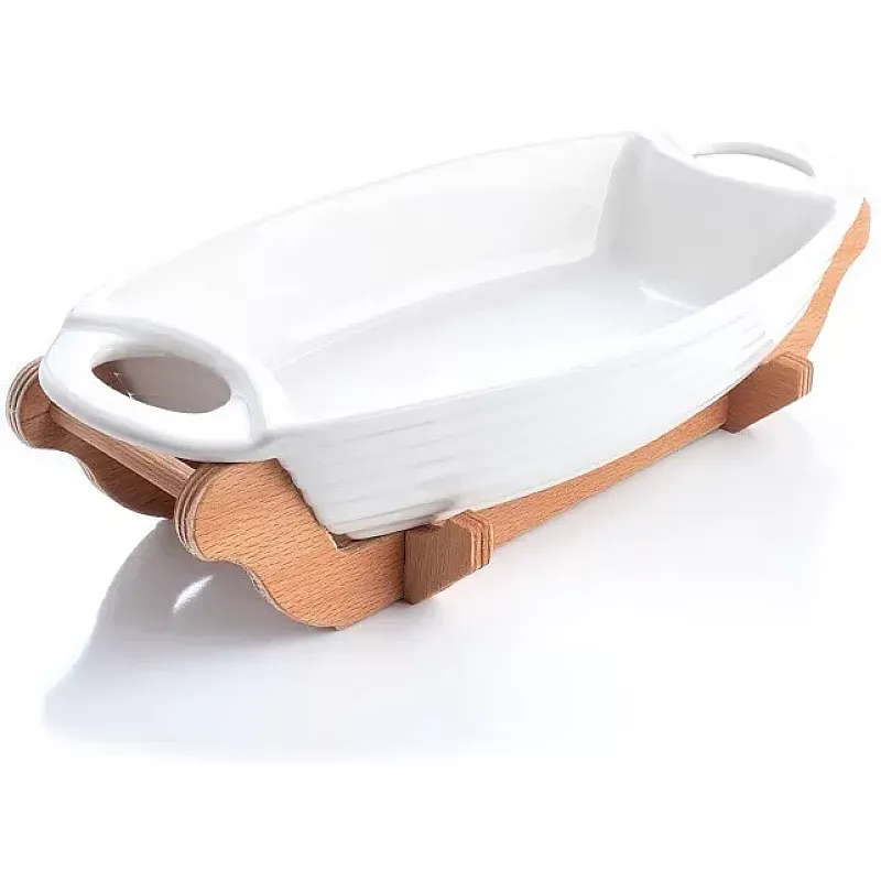 Platou cu manere pe suport de lemn, 34 x 17 cm, ceramica termorezistenta pentru cuptor, Alb - Studiocasa.ro