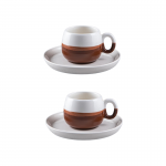 Set 2 cesti de cafea turceasca Studio Casa, Cu farfurie, Realizate manual, Ceramica, 100 ml, Alb / Cafeniu