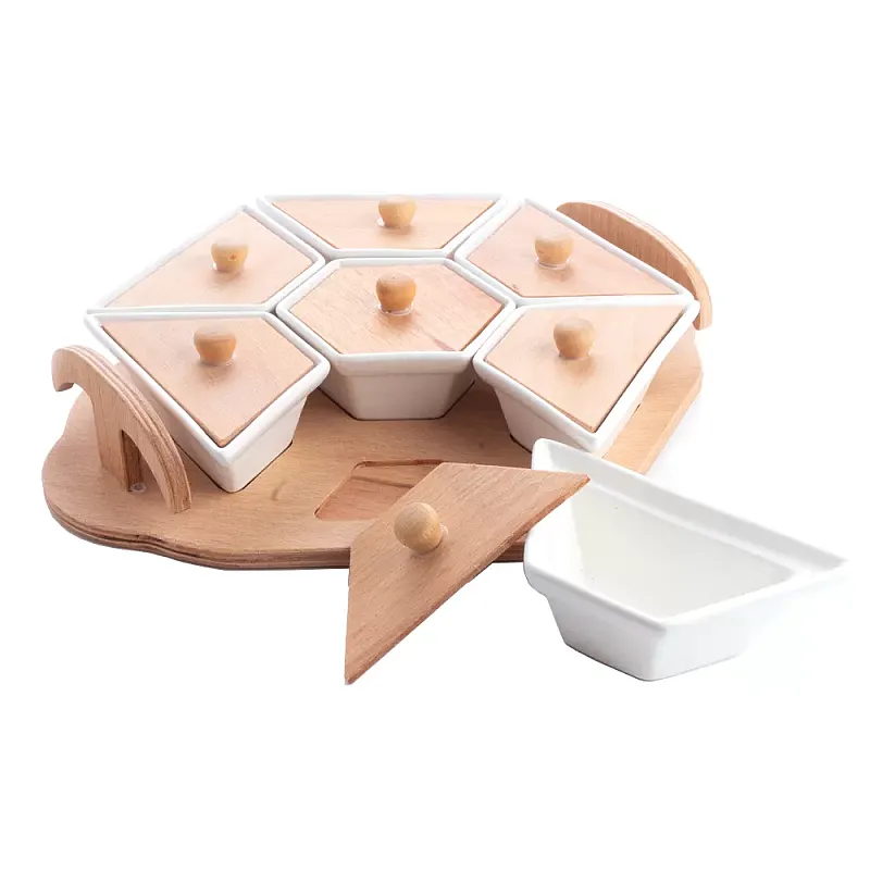 Set servire mic dejun - 7 vase pe suport de lemn, 10  x 10 x 5 cm, Ceramica, Alb - Studiocasa.ro