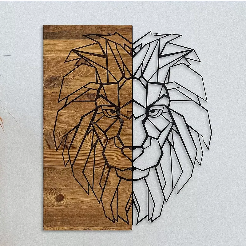 Decoratiune de perete Deco Art  Studio Casa, Lemn si metal, Design Lion,  47,5 x 58 x 3 cm, Maro nuc/Negru - Studiocasa.ro