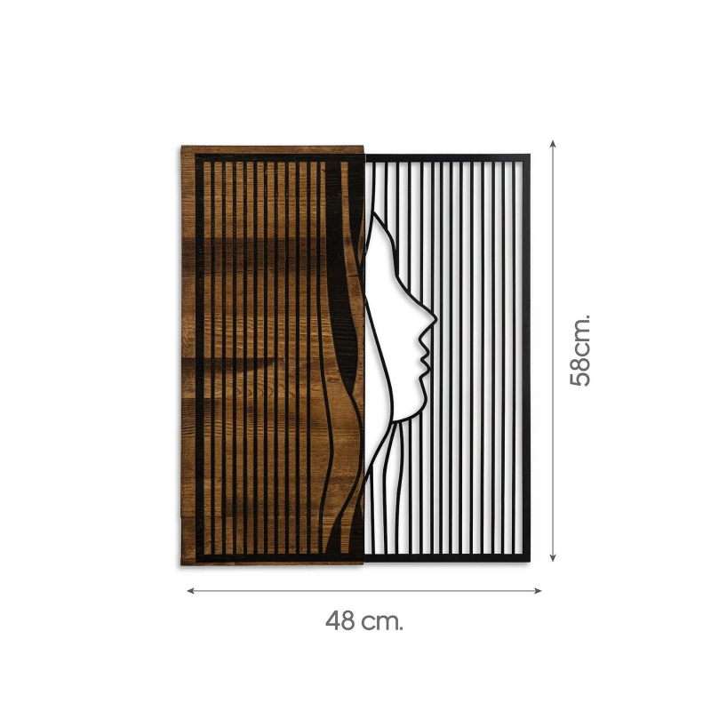 Decoratiune de perete Deco Art  Studio Casa, Lemn si metal, Design Chip fata,48 x 58 x 3 cm, Maro nuc/Negru