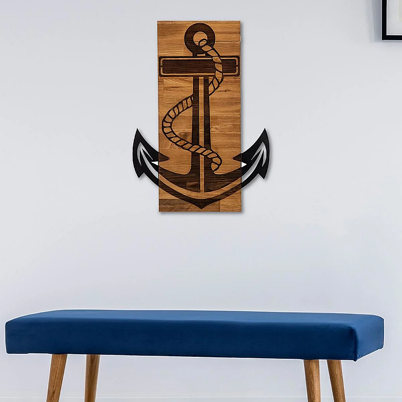 Decoratiune de perete Deco Art  Studio Casa, Lemn si metal, Design Ancora, 47 x 58 x 3 cm, Maro nuc/Negru - Studiocasa.ro