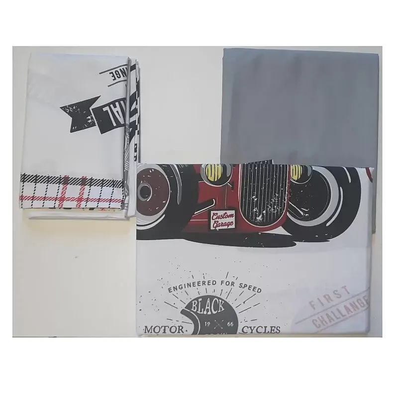 Lenjerie pat single Old Car Studio Casa, 100% Bumbac ranforce, Cearceaf pilota 160 x 220 cm, Cearceaf pat 150 x 220 cm, 1 fata de perna 50 x 70 cm, Multicolor - Studiocasa.ro