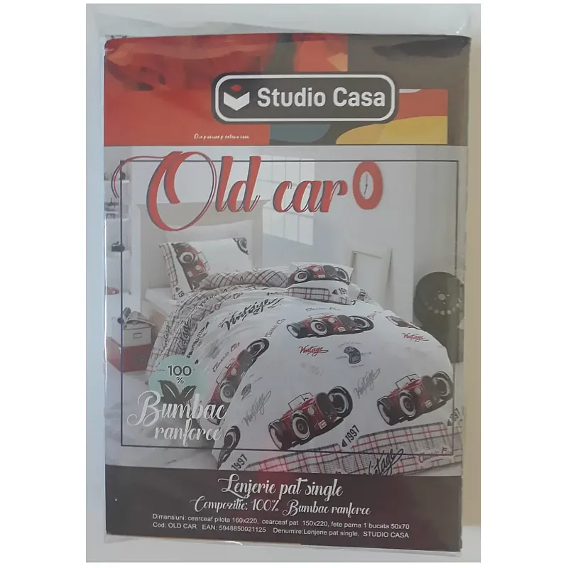 Lenjerie pat single Old Car Studio Casa, 100% Bumbac ranforce, Cearceaf pilota 160 x 220 cm, Cearceaf pat 150 x 220 cm, 1 fata de perna 50 x 70 cm, Multicolor - Studiocasa.ro