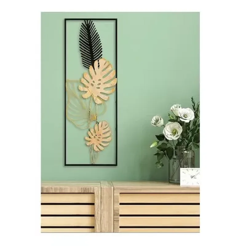 Panou metalic decorativ perete 3D, Deco Art Studio Casa, 90 x 32 cm, Frunze, Auriu / Negru - Studiocasa.ro