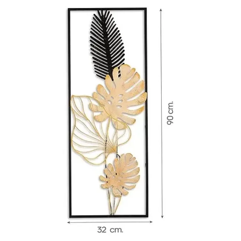 Panou metalic decorativ perete 3D, Deco Art Studio Casa, 90 x 32 cm, Frunze, Auriu / Negru - Studiocasa.ro