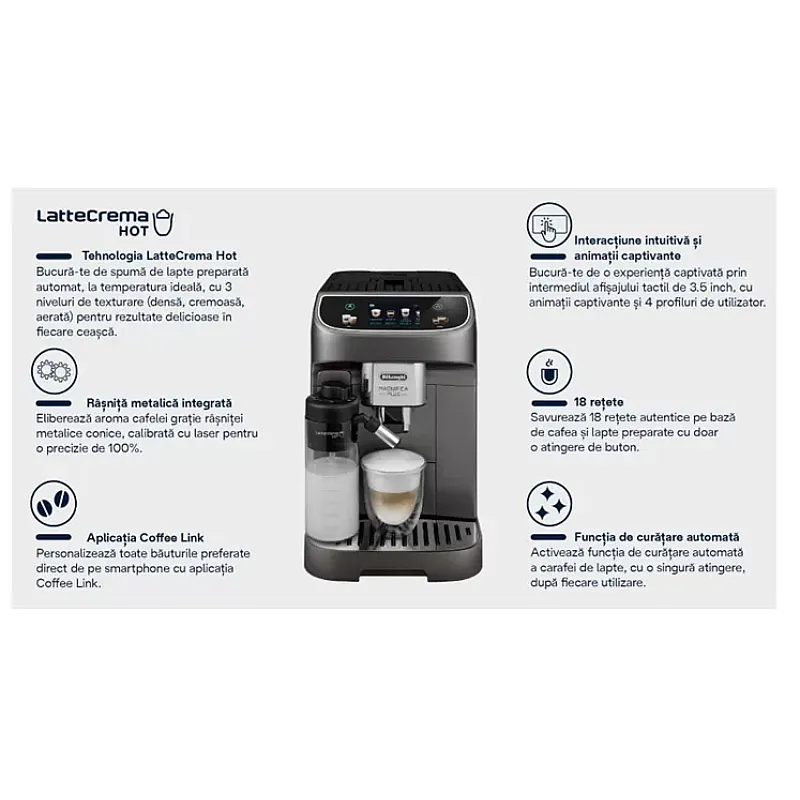 Espressor automat DeLonghi Magnifica PLUS ECAM 320.70.TB, tehnologie LatteCrema,  1,9 l, 15 bar, 1450 W, negru/gri inchis - Studiocasa.ro