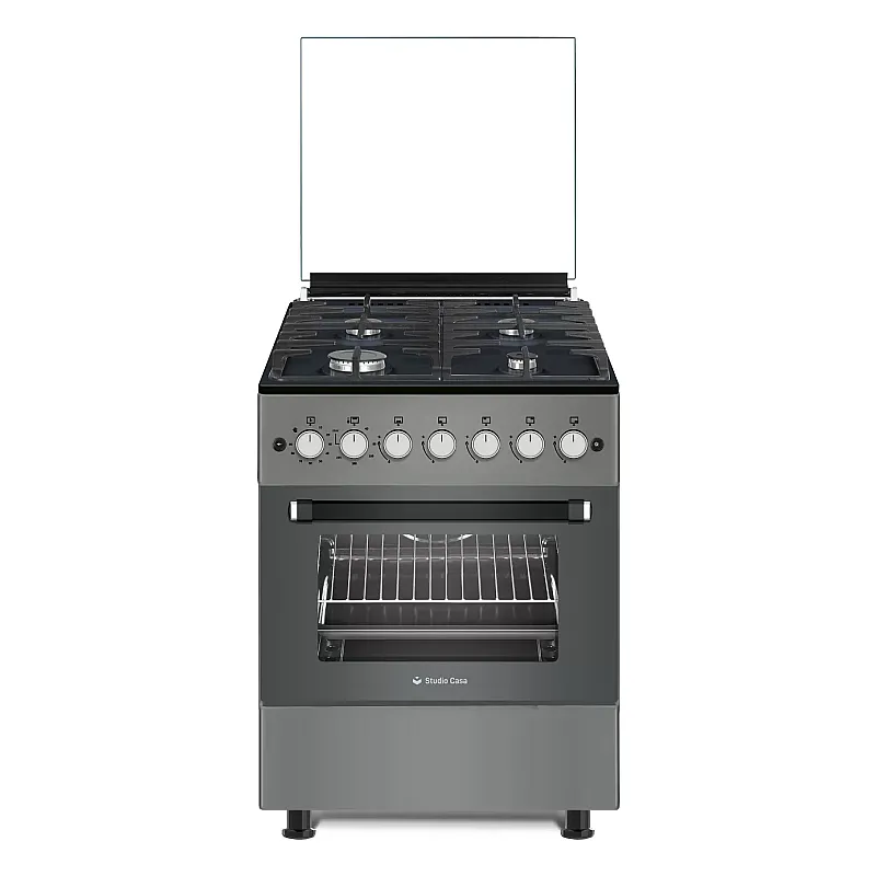 Aragaz Studio Casa Scala Graphite Grey 60 cm, 4 arzatoare gaz, Grill electric, Rotisor, Gratare fonta, Aprindere electrica, Clasa energetica A, Gri - Studiocasa.ro