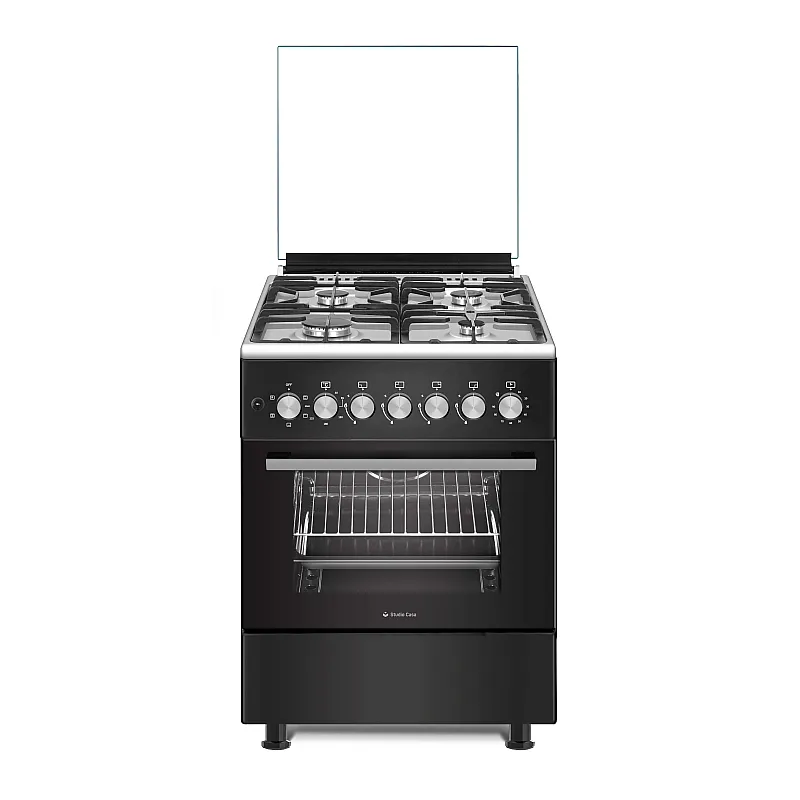 Aragaz clasic 4 arzatoare gaz, Cuptor electric, 57x57cm, Studio Casa BRUNO, negru cu plita inox, Rotisor, Ventilator, Aprindere electrica, gratare fonta - Studiocasa.ro