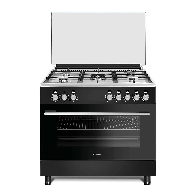 Aragaz clasic 5 arzatoare gaz, Cuptor electric, 90x60cm, Studio Casa Bergamo, negru cu plita inox, Rotisor, Ventilatie, Aprindere electrica, gratare fonta - Studiocasa.ro