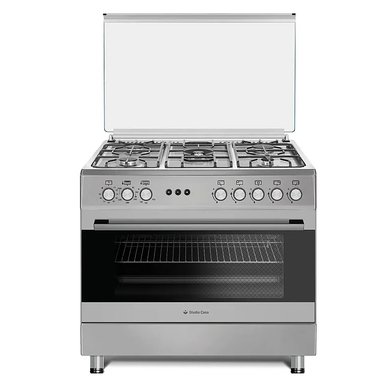 Aragaz gaz  90 cm Prato Inox Studio Casa, 5 zone de gatit, Gaz, Wok, Cuptor gaz,  Rotisor, Timer mecanic, Grill electric, Gratar fonta,  Aprindere electrica, Clasa energetica A, Inox, dubla ventilatie coacere - Studiocasa.ro