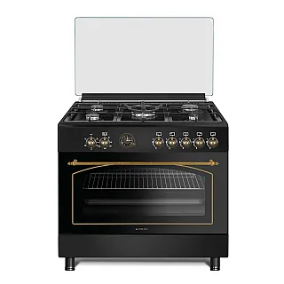 Aragaz rustic 5 arzatoare gaz, Negru, 90 cm, Ravena Antracit Studio Casa,  rotisor, cuptor electric cu ventilatie, Gratare fonta