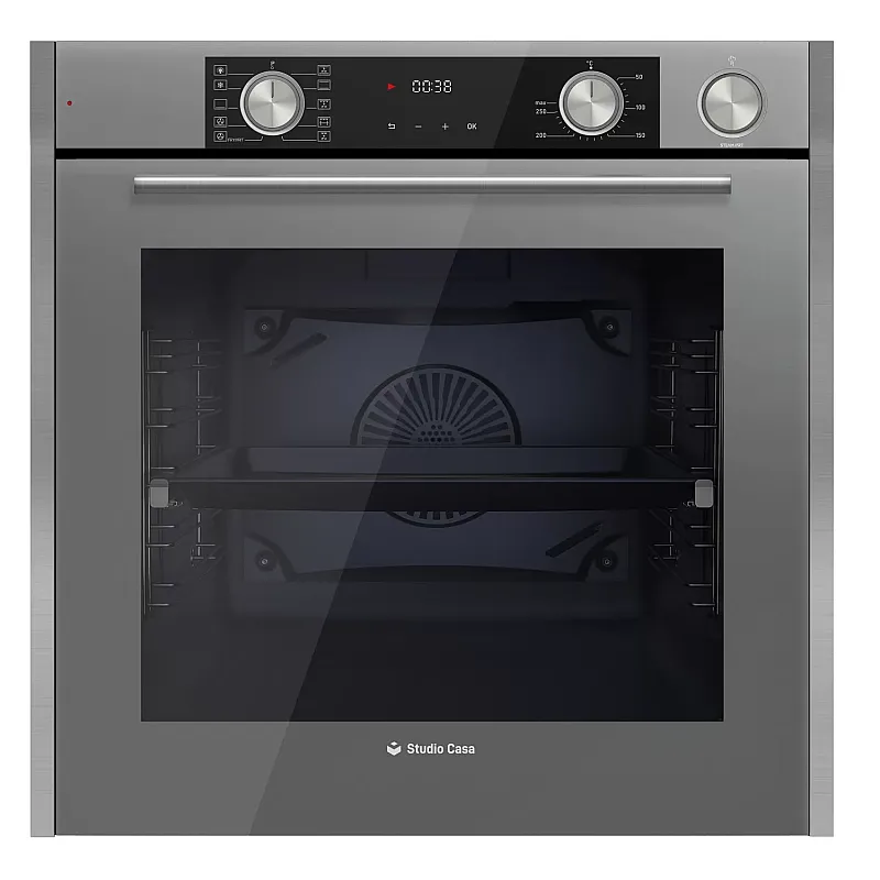 Cuptor electric incorporabil Studio Casa Elegance Aqua Cooking Art  Grey  FE810  10 functii, 81 l,  Grill, Rotisor, Ventilator, Autocuratare catalitica, Coacere asistata cu abur, Display Touch Control, Clasa energetica A, Sticla gri / Inox - Studiocasa.ro